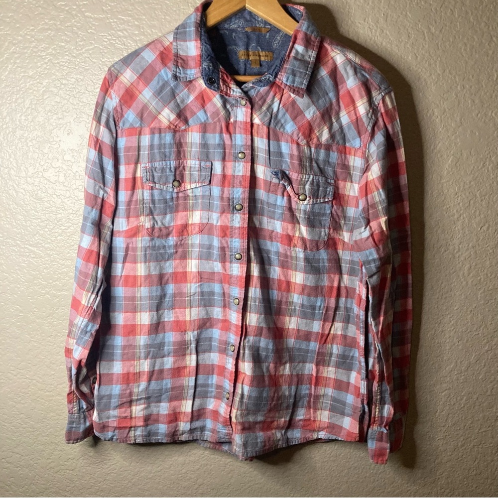 Jachs girlfriend BEA pearl snap flannel red and gray plaid Pattern Button Cuffs
